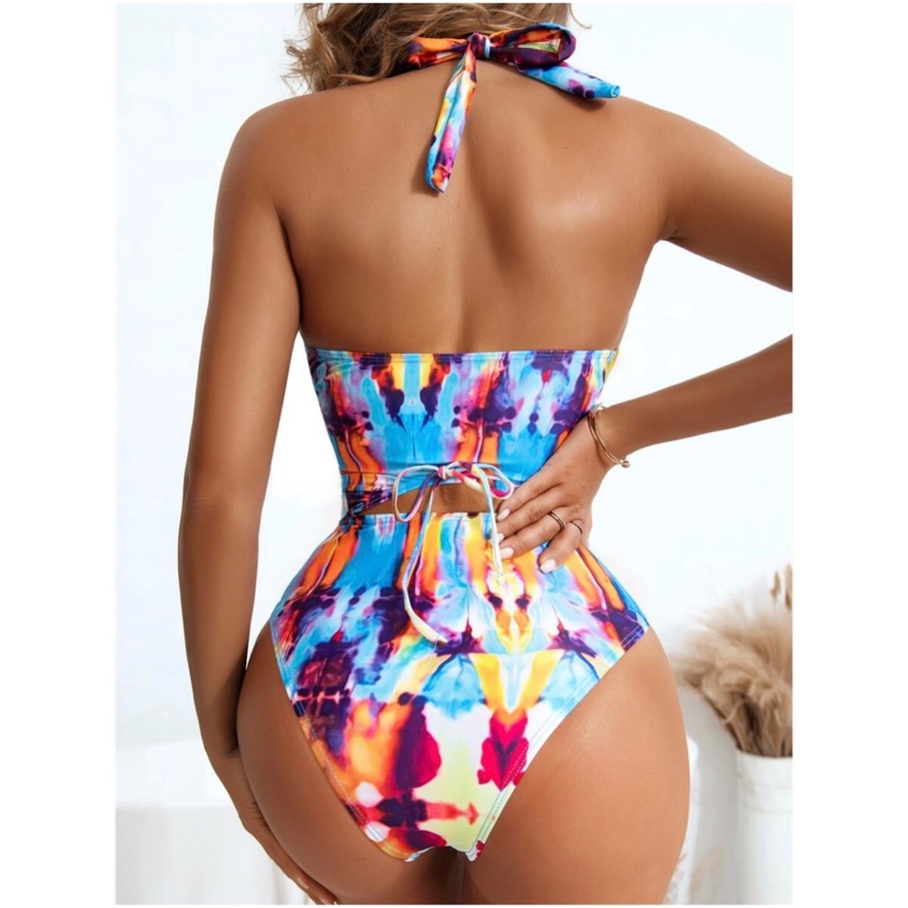Boho Tie Dye lace up One piece Monokini Swim Beach - Picture 3 of 9